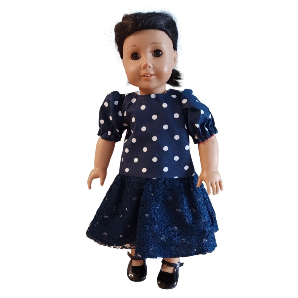 Handmade Cotton Lace 18" doll Blue Polka dress attire Fit American Girl doll